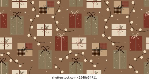 Rustic Christmas Seamless Pattern with Wrapped Gifts, Twine, Burlap Textures, and Festive String Lights in Earthy Tones – Cozy Farmcore Holiday Design