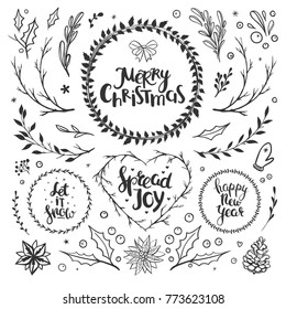 Rustic Christmas set with floral elements, hand drawn lettering and holiday wreaths. Set of vector Christmas elements