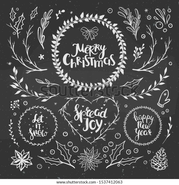 Rustic Christmas set with\
floral elements and wreaths on a chalkboard. Set of vector\
Christmas elements.