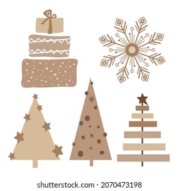 Rustic Christmas tree  gift box   snowflake set  Modern boho winter vector illustration  Neutral beige alternative trees art 