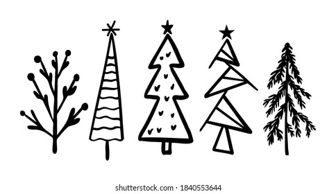 Rustic Christmas tree winter forest   vector set or holiday card hand drawn 