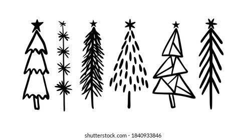 Rustic Christmas Tree Winter Forest Vector Set Or Holiday Card Hand Drawn