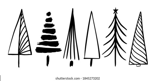 Rustic Christmas tree winter forest vector set or holiday card hand drawn svg