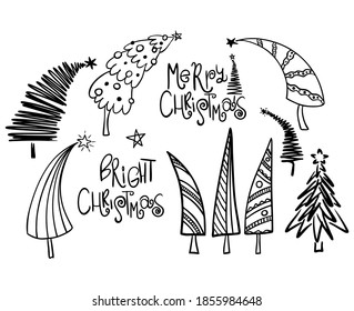 Rustic Christmas tree winter forest vector set or holiday card hand drawn