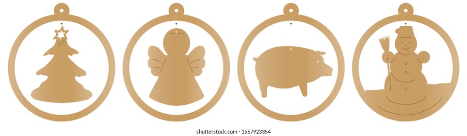 Rustic Christmas wooden decorations, tree, angel, piggy, snowman. Pattern on laser cutting from plywood.