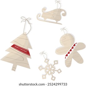 Rustic Christmas Wooden Ornaments.  Festive wooden Christmas ornaments, including a tree, gingerbread man, snowflake, and sleigh, perfect for decorating your home