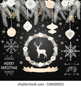 Rustic Christmas,Merry Christmas,Wreath,Banner,Ball,Snowflakes,Christmas Ornaments,Christmas Greeting Invitation Card.Vector illustrator