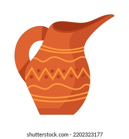 Rustic clay pottery and brown pot or jug with pattern decorations. Old handmade utensil and ceramic Greek object. Jug shape and vintage earthenware icon vector illustration