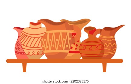 Rustic clay pottery set and brown pot or jug with pattern decorations. Collection of old handmade utensils and ceramic Greek objects. Jug shape and vintage earthenware icons vector illustration 