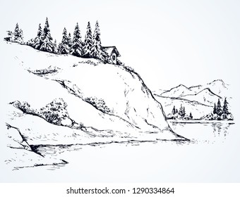 Rustic cliff bush spruce scene on high riverbank. Alpine waterfront camp chalet on space for text on white sky. Line black ink hand drawn lodge picture in art vintage doodle engrave style pen on paper