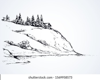 Rustic cliff bush spruce scene on high riverbank. Alpine waterfront camp chalet on space for text on white sky. Line black ink hand drawn lodge picture in art vintage doodle engrave style pen on paper