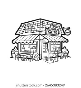 Loja de café rústica com assentos e toldos ao ar livre - Ilustração Vetor