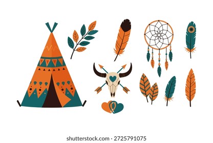 Coleção rústica com uma tenda tribal laranja, crânio de búfalo, sonhador e penas.