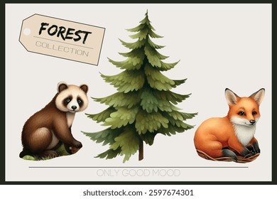 A rustic collection of forest animals, trees, and foliage for creative branding and print materials