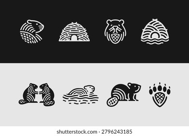 A rustic collection of stylized vector icons depicting beavers, their dens lodges dams , and related symbols like paw prints. Great for construction or nature brands.