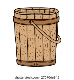 Ilustración vectorial de cubo de madera de color rústico aislada sobre fondo blanco