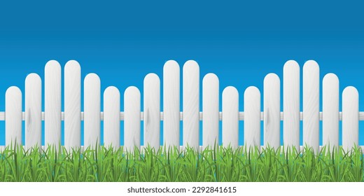 Rustic composition with green grass and white wooden fence on clear blue sky realistic background vector illustration