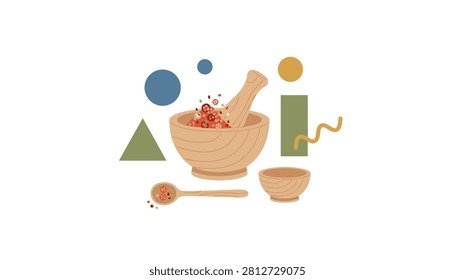 Rustic cooking preparation scene featuring a wooden mortar and pestle, spoon, and small bowl with abstract geometric shapes.