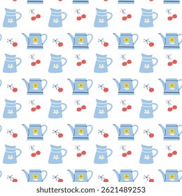 Rustic cottage decor pattern with pitchers and cherries for home wall art.