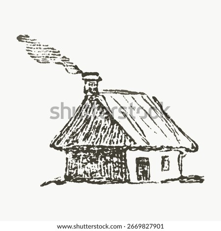 Rustic cottage sketch with smoke, cottage drawing with chimney, hand-drawn cottage art. Charming illustration, cozy cottage vibe, vintage style. Vintage vector.