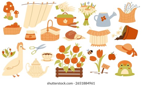 Rustic cottagecore elements. Cottage garden illustration. 