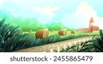 Rustic country landscape panoramic wallpaper. Scenery with farm house near forest haystacks in field. Rural path in nature by farmers barn. Vector graphic illustration in natural watercolor style.