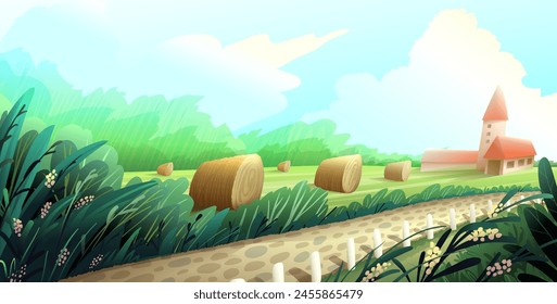 Rustic country landscape panoramic wallpaper. Scenery with farm house near forest haystacks in field. Rural path in nature by farmers barn. Vector graphic illustration in natural watercolor style.