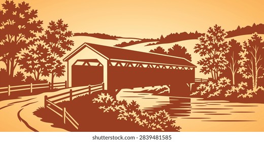 Rustic covered bridge in autumn landscape with surrounding trees and rural path