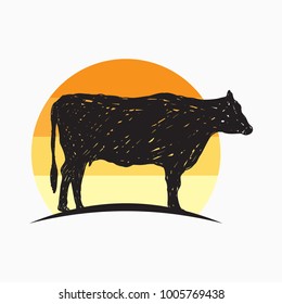 rustic cow silhouette vector isolated on white background, barbeque design element, beef design element