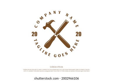 Rustic Crossed Hammer and Chisel for Carpenter or Woodworking Logo Design Vector