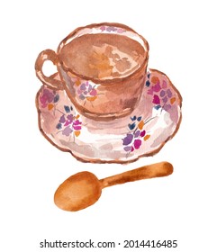 a rustic cup of tea with spoon in watercolor style rustic  