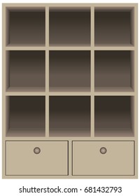 Rustic dark brown wood shadow box. Wall mounted cubby storage with 2 drawers 