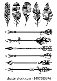 Rustic decorative antlers, arrows and feathers. Hand drawn vintage vector design set. Feathers and arrows decorative pattern.