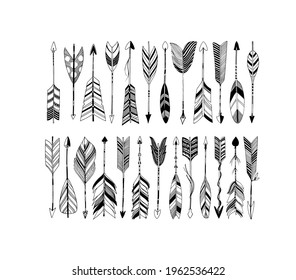 Rustic decorative arrows with feathers elements. Set of boho arrows with different tips and plumage. Hand drawn vintage vector collection. Vector black doodle elements isolated on white background