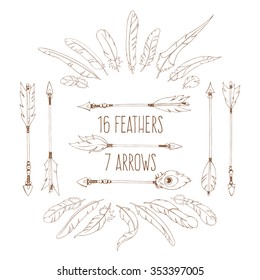 Rustic decorative arrows and feathers. Vintage hand drawn vector set. Isolated.
