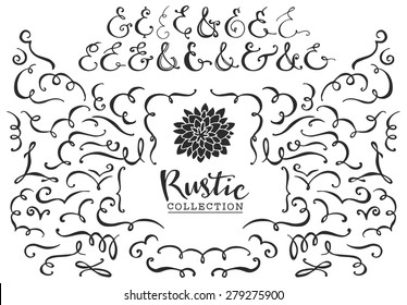 Rustic decorative curls, swirls and ampersands collection. Hand drawn vintage vector design elements.