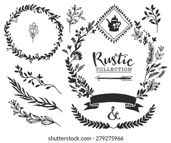 Rustic Decorative Elements With Lettering. Hand Drawn Vintage Vector Design Set.