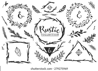 Rustic Decorative Elements With Lettering. Hand Drawn Vintage Vector Design Set.