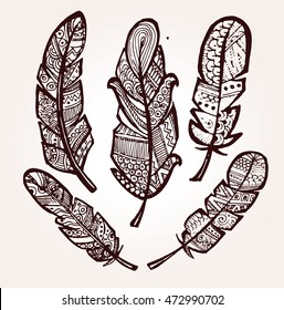 Rustic decorative feathers. Hand drawn vintage vector design set. Vector illustration