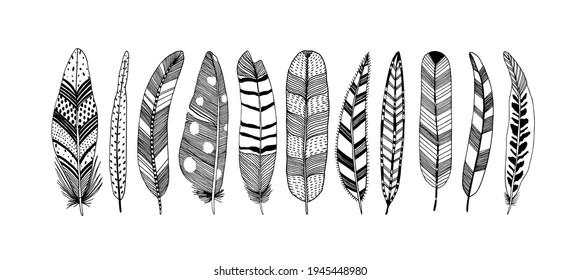 Rustic decorative feathers vector collection. Hand drawn black tribal bird feathers. Ink illustration isolated on white background. Ethnic boho style hand drawing. Outlined graphic ornament.