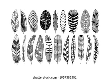 Rustic decorative feathers vector collection. Hand drawn black tribal bird feathers. Ink illustration isolated on white background. Ethnic boho style hand drawing. Outlined graphic ornament.