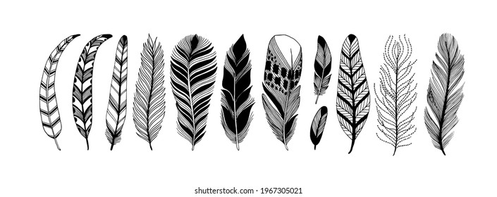 Rustic decorative feathers vector collection. Hand drawn black tribal bird feathers. Ink illustration isolated on white background. Ethnic boho style hand drawing. Outlined graphic ornament.
