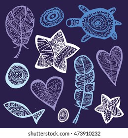 Rustic decorative lace, feather, heart, star, turtle, fish. Hand drawn vintage vector design set. Vector illustration