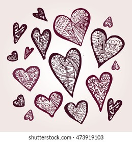 Rustic decorative lace heart. Hand drawn vintage vector design set. Vector illustration