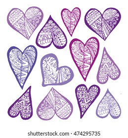 Rustic decorative lace heart. Hand drawn vintage vector design set. Vector illustration