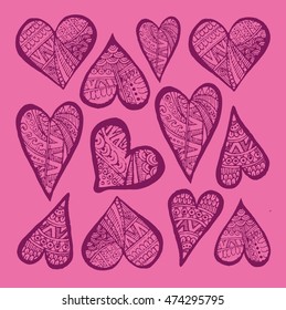 Rustic decorative lace heart. Hand drawn vintage vector design set. Vector illustration