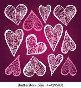 Rustic decorative lace heart. Hand drawn vintage vector design set. Vector illustration