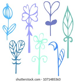Rustic decorative plants and flowers collection. Romantic background for web pages, wedding invitations, save the date cards. Hand drawn vintage vector design elements.