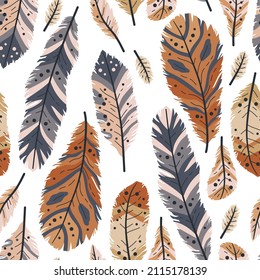 Rustic decorative tribal feathers. Seamless pattern of animals feathers. Decorative ethnic stylize feather ornamental indian aztec design, colored boho hippie birds background