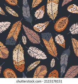 Rustic decorative tribal feathers. Seamless pattern of animals feathers. Decorative ethnic stylize feather ornamental indian aztec design, colored boho hippie birds background